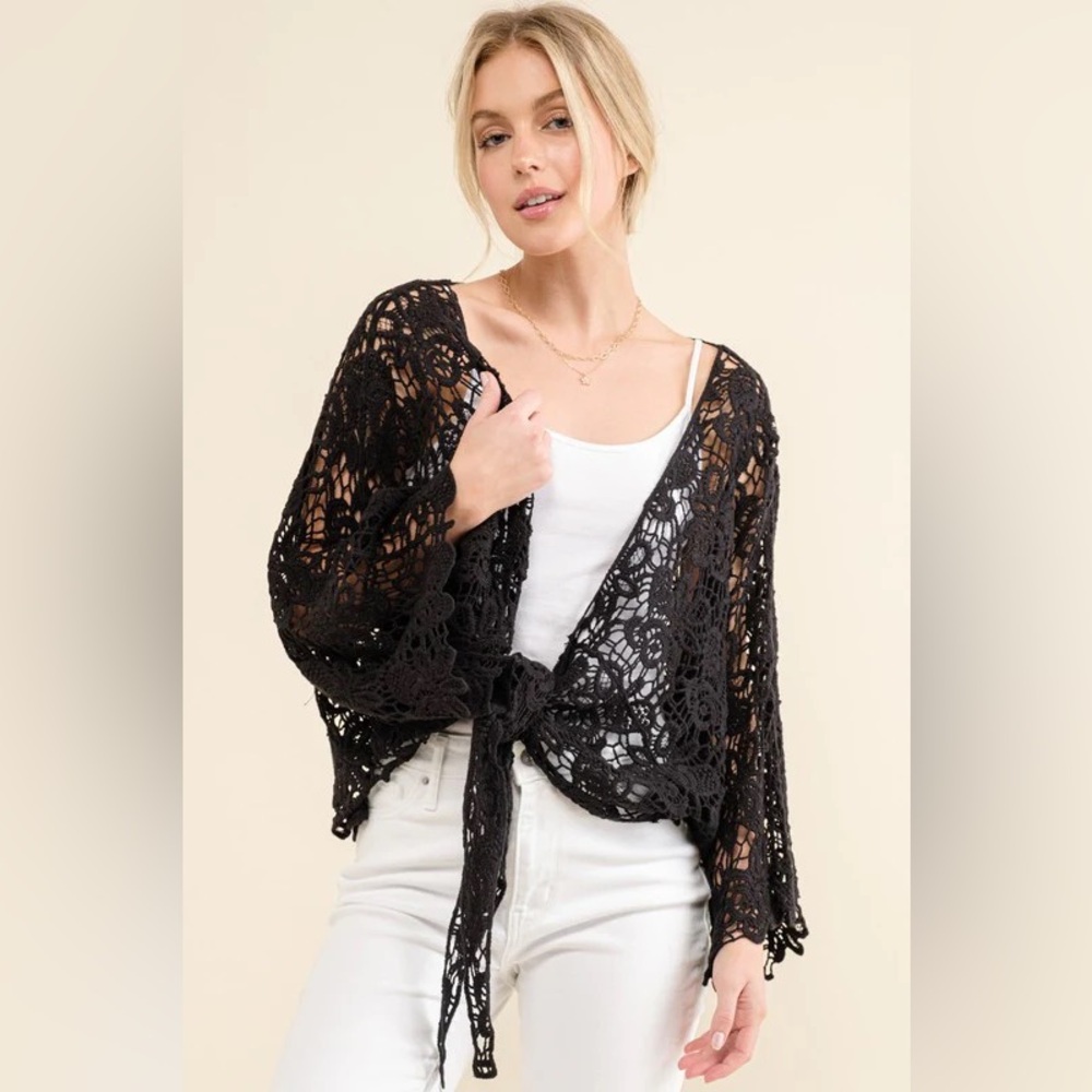 Crochet Tie-Front Kimono Shrug - Black - Picture 4 of 8